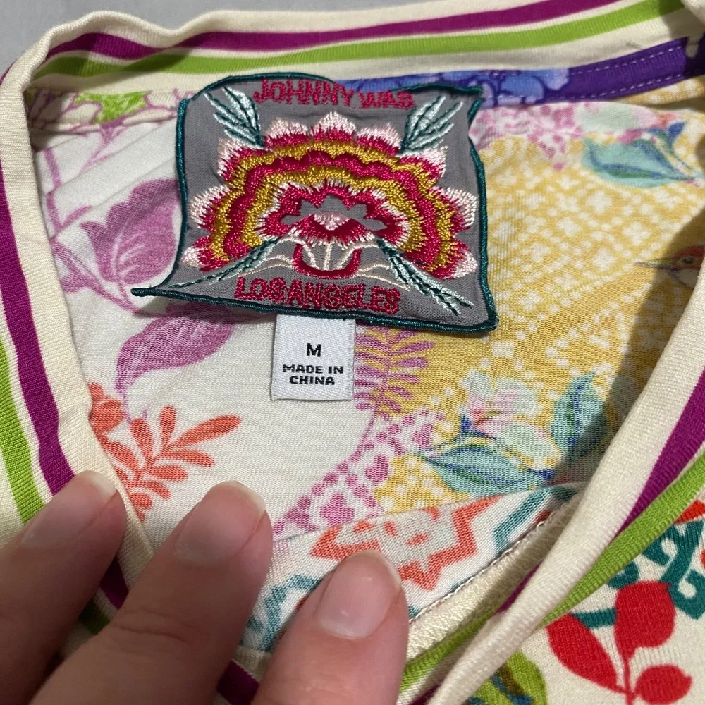 Johnny Was Multicolor Floral & Bird Short Sleeve Tee — Purple, Blue, Green, Red - Picture 3 of 4